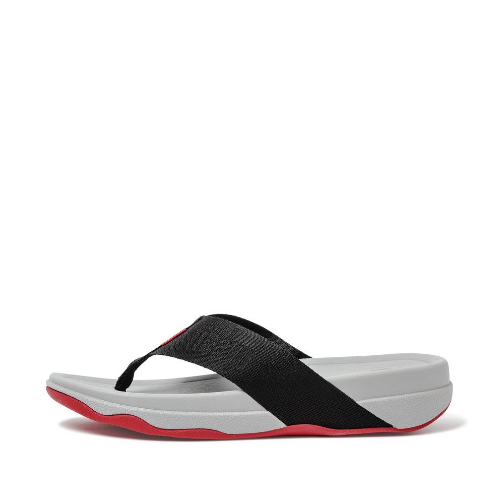 Fitflop Mens Sandals Black/Grey - Surfer Woven Logo Toe-post - 82ZSWADQT